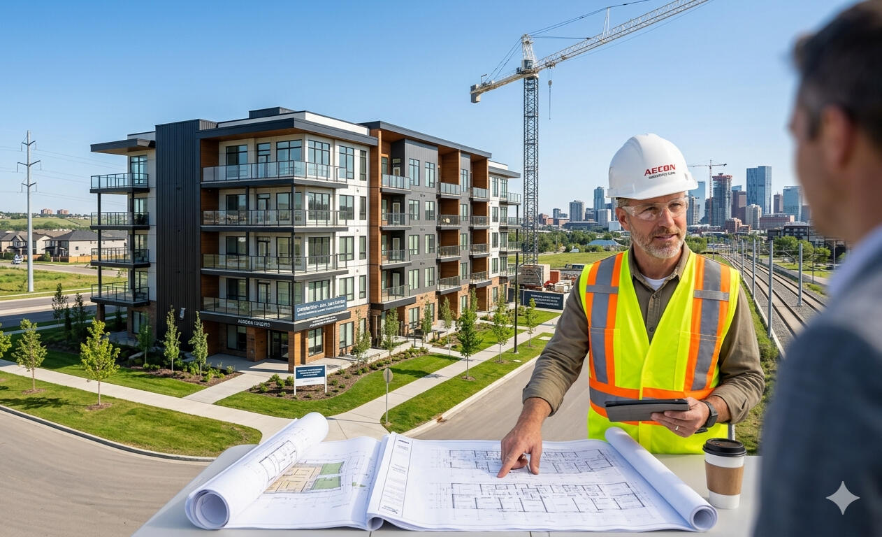 Turnkey multi-family investment opportunity Builder reviewing architectural plans beside a completed multi-family apartment development in Alberta, representing turnkey real estate investment opportunities.